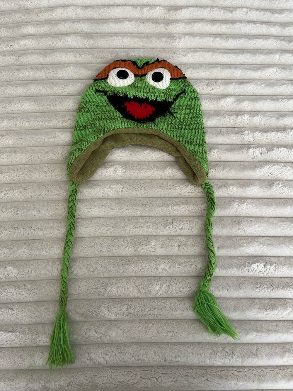 Green Oscar the Grouch Character Knit Hat with Braided Tassels